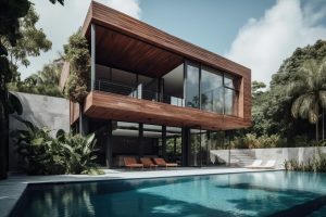 Contemporary villa with wood concrete lush tropical garden generative ai copy