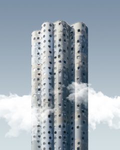 Vertical shot high rise exotic skyscraper blue sky