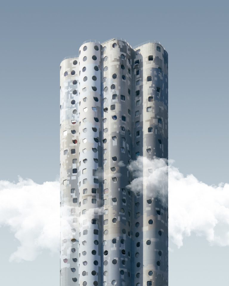 Vertical shot high rise exotic skyscraper blue sky